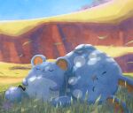  azumarill closed_eyes day flower grass highres kilineko leaf lying marill no_humans on_side open_mouth outdoors pink_flower pokemon pokemon_(creature) shade sitting sky sleeping sleeping_upright tail wind 