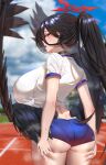  1girl anima_(togashi) ass ass_grab bangs black_hair black_wings blue_archive blurry blush breasts buruma choker from_behind gym_uniform hair_between_eyes halo hasumi_(blue_archive) hasumi_(gym_uniform)_(blue_archive) highres huge_breasts long_hair looking_back official_alternate_costume ponytail red_eyes shirt short_sleeves sky solo sweat thighs white_shirt wings 