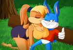  age_difference anthro big_teeth blonde_hair blue_body blue_fur brown_body brown_fur buster_bunny cheat duo female fire_conejo forest fur hair lagomorph leporid lola_bunny long_ears looney_tunes male male/female mammal plant rabbit tiny_toon_adventures tree warner_brothers 
