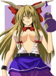  1girl alternate_breast_size alternate_eye_color bangs blonde_hair blush bow bowtie breasts breasts_apart commentary_request cowboy_shot cuffs drunk gourd green_eyes hair_between_eyes hair_bow horn_bow horn_ornament horns ibuki_suika large_breasts long_hair looking_at_viewer navel open_clothes open_shirt parted_lips purple_bow purple_skirt red_bow red_bowtie shirt shouji_nigou sidelocks skirt sleeveless sleeveless_shirt smile solo touhou very_long_hair white_shirt 