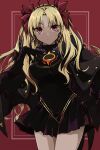  1girl bangs black_cape black_dress black_gloves black_thighhighs blonde_hair breasts cape dark-skinned_female dark_skin dress earrings ereshkigal_(fate) ereshkigal_alter_(fate) fate/grand_order fate_(series) fur-trimmed_cape fur_trim gloves hair_ribbon highres hoop_earrings jewelry kino_kokko long_hair long_sleeves looking_at_viewer medium_breasts parted_bangs red_eyes ribbon solo thighhighs thighs tiara two_side_up 