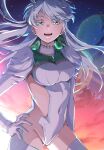  1girl bangs blue_hair blue_sky breasts colored_inner_hair covered_navel cropped_jacket fate/grand_order fate_(series) gloves gradient_sky green_eyes green_hair highres jacket juliet_sleeves kukulkan_(fate) large_breasts leotard light_blue_hair long_hair long_sleeves looking_at_viewer multicolored_hair night night_sky nikumaki43 open_mouth orange_sky puffy_sleeves shrug_(clothing) sideless_outfit sidelocks sky smile solo thighhighs thighs twilight white_gloves white_jacket white_leotard white_thighhighs 
