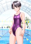  1girl absurdres black_hair breasts brown_eyes clothes_writing commentary_request competition_swimsuit covered_navel cowboy_shot highres indoors one-piece_swimsuit original parted_lips pool purple_one-piece_swimsuit short_hair small_breasts solo string_of_flags swimsuit takafumi tomboy 