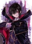  1boy ascot black_cape black_eyes black_gloves cape code_geass evil_grin evil_smile geass gloves glowing glowing_eye grin hair_between_eyes heterochromia high_collar highres lelouch_lamperouge male_focus maruino short_hair smile solo symbol_in_eye 