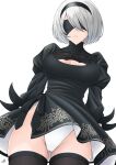  1girl absurdres ass_visible_through_thighs bangs black_blindfold black_dress black_thighhighs blindfold bob_cut breasts cleavage cleavage_cutout clothing_cutout dress headband highres large_breasts leotard long_sleeves mole mole_under_mouth nier:automata nier_(series) oryou_gunsou parted_lips short_hair simple_background solo thighhighs white_background white_hair white_leotard yorha_no._2_type_b zettai_ryouiki 