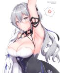  1girl 2022 anger_vein arm_up armpits artist_name bangs breasts bronya_zaychik bronya_zaychik_(silverwing:_n-ex) cleavage closed_mouth dated dress drill_hair earrings grey_eyes grey_hair highres honkai_(series) honkai_impact_3rd jewelry kiw_kiu large_breasts long_hair looking_at_viewer presenting_armpit simple_background solo spoken_anger_vein twin_drills upper_body very_long_hair white_background white_dress 