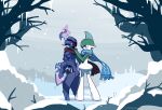  artist_name bare_tree blue_scarf brown_eyes ceruledge eye_contact gallade grey_sky highres icicle lizardotaku looking_at_another outdoors pokemon pokemon_(creature) purple_eyes scarf sneasel snow standing tree winter 