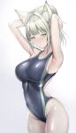 1girl absurdres animal_ear_fluff animal_ears arknights armpits arms_up bangs black_one-piece_swimsuit blunt_bangs blush breasts cat_ears closed_mouth competition_swimsuit covered_navel cowboy_shot grey_hair highres kal&#039;tsit_(arknights) large_breasts looking_at_viewer one-piece_swimsuit oripathy_lesion_(arknights) poni_(poni_arknights) short_hair simple_background solo swimsuit wet wet_clothes wet_swimsuit white_background yellow_eyes 