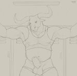  2023 aduran anthro armpit_hair balls bedroom_eyes belly biceps black_and_white body_hair bovid bovine cattle clothed clothing erection foreskin genitals hairy_balls hairy_legs hi_res horn locker locker_room looking_at_viewer male mammal manly monochrome musclegut muscular muscular_arms narrowed_eyes navel nipples partially_clothed pecs penis pubes raised_clothing raised_shirt raised_topwear seductive shirt sketch slightly_chubby solo standing stubble tank_top topwear triceps underwear underwear_down vein veiny_penis 