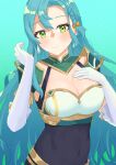  1girl absurdres aqua_background aqua_hair armor blush breastplate breasts chloe_(fire_emblem) commentary covered_navel fire_emblem fire_emblem_engage gloves green_eyes hand_on_own_chest hands_up highres ka_maru large_breasts long_hair looking_at_viewer shoulder_armor smile solo upper_body very_long_hair white_gloves 