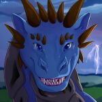  1:1 ambiguous_gender blue_body blue_ears blue_eyes brown_horn dragon electricity fangs feral front_view glistening glistening_eyes grey_body grey_scales grin horn lightning looking_at_viewer outside roobin scales scalie sharp_teeth signature smile solo teeth 
