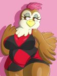  animal_crossing anthro ava_(animal_crossing) avian beak bird breasts brown_eyes chicken clothed clothing curvy_figure female galliform gallus_(genus) hair hi_res looking_aside nintendo nojimmyplz non-mammal_breasts phasianid pink_hair portrait slightly_chubby solo three-quarter_portrait 