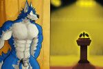  2020 abs anthro aoyi1 balls beard biceps canid canine chastity_cage chastity_device crowd exposed facial_hair genitals group hi_res male mammal metal_chastity_cage muscular navel nervous nervous_sweat nipples nude pecs penis podium public public_nudity solo triceps wide_eyed 