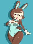  animal_crossing anthro blue_background bow_tie breasts brown_body brown_fur brown_hair carmen_(animal_crossing) cleavage clothed clothing female fur hair hi_res lagomorph leotard leporid mammal nintendo nojimmyplz open_mouth portrait rabbit simple_background solo three-quarter_portrait 