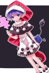  1girl bangs black_background black_dress book boots border closed_mouth commentary_request doremy_sweet dream_soul dress hair_between_eyes hand_up hat highres holding holding_book looking_at_viewer ououno outside_border pom_pom_(clothes) purple_eyes purple_hair red_headwear short_hair short_sleeves simple_background smile solo standing tail touhou turtleneck turtleneck_dress two-tone_dress white_border white_dress white_footwear 