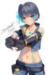  1girl absurdres bangs belt black_belt black_gloves black_sports_bra blue_hair blue_shorts blue_vest breasts character_name chest_jewel collarbone copyright_name cropped_vest elbow_gloves evan_(pixiv7510743) fiery_hair fingerless_gloves gloves glowing_lines grey_eyes grin high_collar highres looking_at_viewer navel outstretched_arms sena_(xenoblade) short_hair short_shorts shorts shoulder_tattoo side_ponytail small_breasts smile snap-fit_buckle solo sports_bra stomach stretching tattoo vest white_background xenoblade_chronicles_(series) xenoblade_chronicles_3 