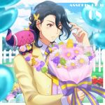  1boy aki_ma_jiro asselin_bb_ii black_hair bug butterfly butterfly_hair_ornament buttons character_name fence fingernails flower formal hair_ornament heterochromia highres idolmaster idolmaster_side-m long_hair long_sleeves parted_lips red_eyes satan_(idolmaster) suit yellow_eyes 