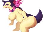  anthro big_breasts breasts butt featureless_breasts female hand_on_butt hi_res hisuian_form hisuian_typhlosion looking_at_viewer mohurin nintendo open_mouth pokemon pokemon_(species) purple_body red_eyes regional_form_(pokemon) simple_background solo thick_thighs white_background yellow_body 
