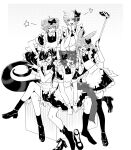  5boys alternate_costume apron arknights chiave_(arknights) dog_boy elysium_(arknights) hair_over_one_eye hand_on_own_chin heart highres iwashi_80 leonhardt_(arknights) maid maid_apron male_focus monochrome multicolored_hair multiple_boys one_eye_closed open_mouth rabbit_boy ribbon selfie selfie_stick short_hair sitting smile snake_boy socks star_(symbol) streaked_hair tequila_(arknights) thighs tongue tongue_out white_hair wolf_boy 