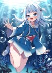  1girl :d air_bubble animal animal_hood blue_eyes blue_hair blue_hoodie blue_socks blurry blurry_foreground blush bubble commentary depth_of_field drawstring fish fish_tail full_body gawr_gura hair_ornament hololive hololive_english hood hood_down hoodie jellyfish long_hair long_sleeves looking_at_viewer mauve multicolored_hair open_mouth shark_girl shark_hair_ornament shark_hood shark_tail sharp_teeth shoes smile socks solo streaked_hair tail teeth two_side_up underwater virtual_youtuber white_footwear wide_sleeves 