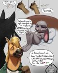  2023 annoyed anthro blonde_hair buck_colton_(thehumancopier) comic crossed_arms dialogue disney duo english_text equid equine fan_character female fur grey_body grey_fur hair hi_res horse judy_hopps lagomorph leporid lying male mammal nude nude_anthro nude_female on_back purple_eyes rabbit speech_bubble tan_body tan_fur text thehumancopier zootopia 