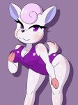  animal_crossing anthro breasts cleavage clothed clothing deer diana_(animal_crossing) female front_view fur hair hand_on_breast hi_res hooved_hands leaning leaning_forward looking_at_viewer mammal nintendo nojimmyplz one-piece_swimsuit pink_hair portrait purple_eyes solo swimwear three-quarter_portrait white_body white_fur 