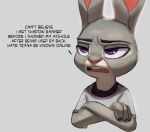  2023 annoyed anthro clothed clothing crossed_arms dialogue disney english_text female grey_body judy_hopps lagomorph leporid mammal purple_eyes rabbit solo text thehumancopier zootopia 