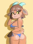  animal_crossing anthro bikini bikini_bottom bikini_top blue_horn bovid breasts brown_body brown_eyes brown_fur brown_hair butt caprine clothed clothing female fur goat hair hand_on_face hi_res hooved_hands horn mammal nintendo nojimmyplz pashmina_(animal_crossing) portrait rear_view side_boob solo swimwear three-quarter_portrait yellow_sclera 