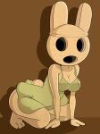  animal_crossing anthro breasts brown_background brown_body cleavage clothed clothing coco_(animal_crossing) dress empty_eyes female green_clothing green_dress gyroid hi_res hollow_eyes kneeling lagomorph mammal nintendo nojimmyplz simple_background solo 