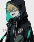  1boy bangs black_clover blonde_hair green_eyes hair_between_eyes headphones headphones_around_neck highres hood hood_up hooded_jacket jacket long_bangs looking_at_viewer luck_voltia male_focus open_mouth prayudi555 short_hair signature simple_background smile solo upper_body white_background 