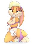  2023 anthro blonde_hair breasts buckteeth clothed clothing clothing_around_one_leg female fingering fingering_self front_view full-length_portrait fur genitals hair hi_res honeymono kneeling lagomorph leporid lola_bunny looney_tunes mammal masturbation nipples on_one_knee one_breast_out panties panties_around_one_leg partially_clothed portrait pussy rabbit simple_background smile solo spread_pussy spreading teeth underwear underwear_around_one_leg vaginal vaginal_fingering vaginal_masturbation warner_brothers white_background yellow_body yellow_fur 