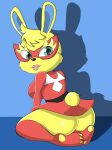  animal_crossing anthro butt clothed clothing dress female full-length_portrait fur hi_res kneeling lagomorph leporid looking_back mammal mask mira_(animal_crossing) nintendo nojimmyplz portrait rabbit rear_view red_clothing red_dress solo yellow_body yellow_fur 