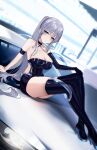  1girl absurdres azur_lane bare_shoulders boots breasts cleavage closed_mouth collarbone commentary_request dress elbow_gloves enterprise_(azur_lane) enterprise_(wind_catcher)_(azur_lane) gloves grey_hair high_heel_boots high_heels highres large_breasts latex latex_boots latex_dress latex_gloves latex_legwear latex_thighhighs long_hair looking_at_viewer maanu official_alternate_costume ponytail purple_eyes race_queen shiny_clothes short_dress single_glove sitting sitting_on_car skirt solo thigh_boots thighs very_long_hair 