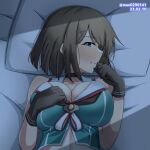  1girl bed_sheet black_gloves blue_eyes blush breasts brown_hair closed_mouth collarbone dated gloves hair_ornament kantai_collection large_breasts m.a.o maya_(kancolle) maya_kai_ni_(kancolle) one-hour_drawing_challenge pillow short_hair solo twitter_username uniform upper_body x_hair_ornament 