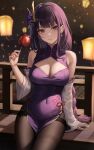  1girl black_pantyhose breasts candy_apple china_dress chinese_clothes cleavage cleavage_cutout closed_mouth clothing_cutout dress food genshin_impact large_breasts looking_at_viewer mookyuu9 pantyhose purple_eyes purple_hair raiden_shogun smile solo thighband_pantyhose thighs 