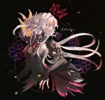  1girl black_background black_dress black_feathers character_name code:_antithese_(elsword) dress elsword eve_(elsword) facial_mark feathers fingerless_gloves gloves highres kurayuki0404 long_sleeves orange_eyes short_hair solo white_hair 