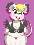  animal_crossing anthro bella_(animal_crossing) blep blonde_hair breasts buckteeth cleavage clothed clothing crop_top double_v_sign ear_piercing female front_view gesture hair hi_res looking_at_viewer mammal mouse murid murine nintendo nojimmyplz panties piercing pink_background pink_clothing pink_panties pink_underwear rodent shirt simple_background solo teeth tongue tongue_out tongue_piercing topwear underwear v_sign white_body 