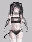  1girl animal_ears bangs bell black_bra black_hair black_panties bra breasts cat_cutout cat_ears cat_girl cat_tail cleavage_cutout closed_mouth clothing_cutout frilled_bra frills grey_background highres long_hair looking_at_viewer medium_breasts multicolored_hair navel neck_bell nn1004 original panties paw_pose simple_background solo standing strapless strapless_bra streaked_hair tail thighhighs twintails underwear white_thighhighs 