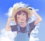  1girl :d ^_^ bangs black_shirt blue_hair blue_sky blunt_bangs brown_hair closed_eyes cloud commentary contrail facing_viewer female_child hands_on_headwear hands_up hat hozuki_momiji light_blush multicolored_hair murairamuraiari onii-chan_wa_oshimai! open_mouth overalls shirt short_hair short_ponytail short_sleeves sky smile solo sun_hat two-tone_hair upper_body 