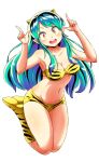  1girl :d animal_print aono3 bikini breasts commentary_request full_body green_hair highres horns long_hair looking_at_viewer lum navel oni oni_horns pointy_ears smile solo strapless swimsuit teeth tiger_print upper_teeth_only urusei_yatsura white_background 