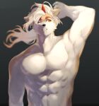  2023 absurd_res anthro arknights black_nose canid canine canis domestic_dog eyebrows fur hair hi_res horn hung_(arknights) hypergryph male mammal muscular muscular_anthro muscular_male nude one_eye_closed orange_eyebrows pluto08010511 solo studio_montagne tan_body tan_fur white_body white_fur white_hair 
