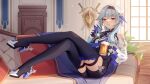 1girl alcohol bangs beer beer_mug blue_hair blush couch cup daidai_(318706698) eula_(genshin_impact) eyebrows_hidden_by_hair genshin_impact glass hair_between_eyes hairband high_heels holding holding_cup long_hair looking_at_viewer mug open_mouth purple_eyes shield sitting solo sunlight sword weapon window 