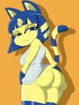  animal_crossing ankha_(animal_crossing) anthro blue_eyes blue_hair butt clothed clothing domestic_cat dress felid feline felis female frown hair hi_res looking_back mammal nintendo nojimmyplz portrait raised_clothing raised_dress rear_view solo three-quarter_portrait uraeus white_clothing white_dress yellow_body 