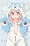 1girl :o animal_costume animal_ear_fluff animal_ears animal_hood bangs bed_sheet blue_panties blush bow bow_panties breasts brown_eyes brown_hair collarbone commentary_request fake_animal_ears hair_between_eyes hands_up highres hippo_(hirople) hood hood_up looking_at_viewer lying nose_blush on_back onii-chan_wa_oshimai! open_mouth oyama_mahiro panties pillow small_breasts solo translation_request underwear unzipped wolf_costume wolf_ears wolf_hood 