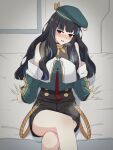  1girl bangs bare_shoulders bed beret black_hair black_shorts blue_hair bracelet breasts buttons colored_inner_hair crossed_legs double-breasted drill_bulbul fate/grand_order fate_(series) glowing glowing_eyes green_headwear green_jacket grey_eyes hat highres huitzilopochtli_(fate) jacket jewelry long_hair looking_at_viewer multicolored_hair neck_ring o-ring off_shoulder on_bed open_mouth red_pupils shorts sidelocks sitting small_breasts smile solo thighs wavy_hair zipper 