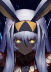  1girl absurdres animal_ears antenna_hair bangs black_hair colored_inner_hair dark-skinned_female dark_skin earrings facepaint facial_mark fate/grand_order fate_(series) glowing glowing_eyes hairband highres hoop_earrings jackal_ears jewelry long_hair looking_at_viewer multicolored_hair nitocris_(fate) nitocris_alter_(fate) nitocris_alter_(first_ascension)_(fate) sidelocks streaked_hair tsukinaga usekh_collar very_long_hair white_hair yellow_eyes 