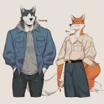  2023 absurd_res anthro baggy_clothing biped canid canine claws clothing digital_media_(artwork) duo elvis_(gakujo) finger_claws fox fur gakujo hand_in_pocket hi_res looking_at_viewer looking_back looking_back_at_viewer male mammal mustang_(gakujo) orange_body orange_fur pockets scar simple_background smile white_background white_body white_fur 