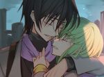  1boy 1girl bangs black_dress black_hair blurry blurry_background building c.c. closed_eyes code_geass couple creayus dress green_hair grey_jacket hand_on_another&#039;s_shoulder happy jacket lelouch_lamperouge long_sleeves open_mouth purple_scarf scarf 