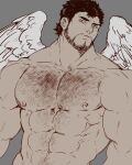  1boy abs asahi_(zabaniyan) bara beard black_hair chest_hair completely_nude facial_hair feathered_wings flat_color hairy head_tilt large_pectorals looking_at_viewer male_focus mature_male muscular muscular_male navel navel_hair nether_angel_(housamo) nipples nude pectorals short_hair sideburns solo stomach thick_eyebrows tokyo_afterschool_summoners upper_body wings 