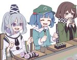  3girls absurdres black_headwear blue_hair blue_shirt blush_stickers brown_eyes brown_hair chair closed_eyes cup flat_cap food futatsuiwa_mamizou glasses green_headwear green_kimono green_tea grey_hair hair_bobbles hair_ornament hat highres holding holding_cup japanese_clothes kame_(kamepan44231) kariginu kawashiro_nitori key kimono leaf leaf_on_head long_hair long_sleeves mononobe_no_futo multiple_girls open_mouth pom_pom_(clothes) ponytail purple_eyes round_eyewear shirt short_hair simple_background sitting smile sushi tate_eboshi tea touhou two_side_up white_background wide_sleeves 